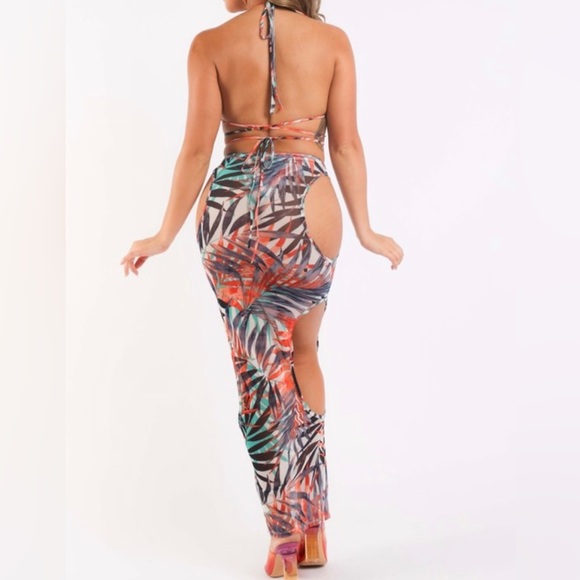 Multicolor Tropical Floral Print Mesh Bikini and Skirt Set - Picture 4 of 8